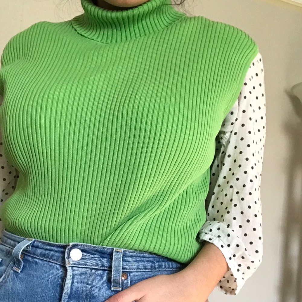 Ribbed Green Sweater Turtleneck Tank Top